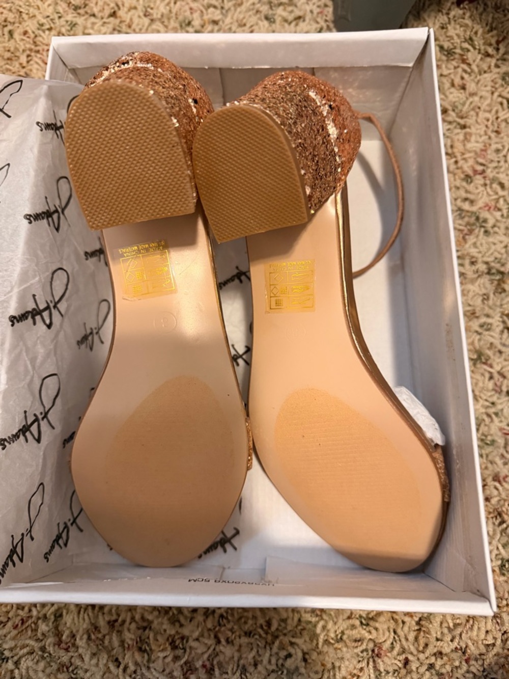 J Adam’s Gold Glitter Block Heel Sandals - Women's Elegant Evening Shoes - Picture 3 of 3